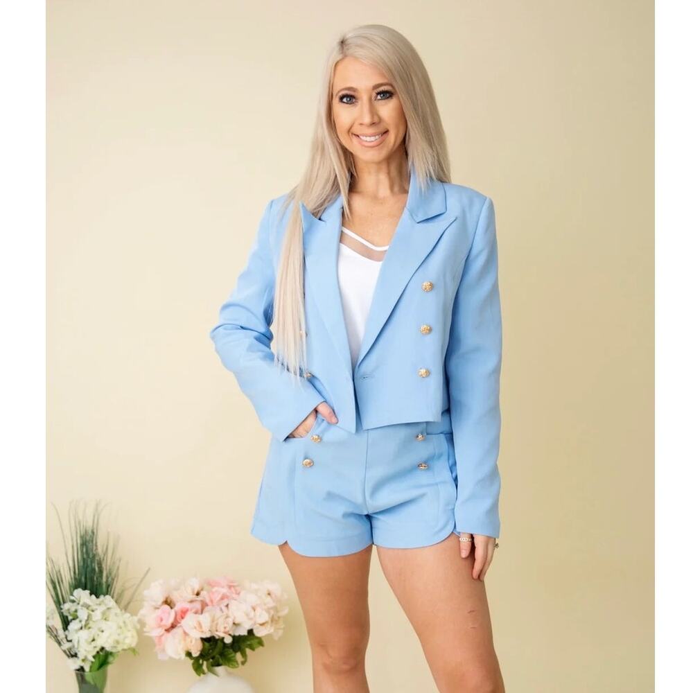 ENTRO Baby Blue Blazer Short Set Size Small